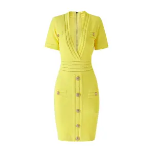 2024 nouveau prêt à expédier ou personnalisé de haute qualité haut de gamme à la mode col en v tricoté robes jaunes femmes élégantes