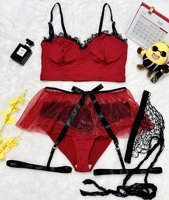 Ensemble de lingerie en satin et dentelle pour femme, jupe en résille, porte-jarretelles, décorations nœuds, tenue intime multi-pièces
