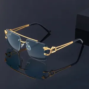 2023 Cheap Fashion Vintage Leopard Head Double Bridge Stylish Rimless Sunglasses Uv400 Protection Women Sun Glasses