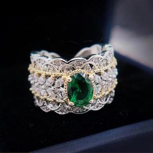 Vintage Court Style Openwork Diamond Ring Two Tone Emerald Pigeon Egg Women's Wedding Jewelry - Product Image 2