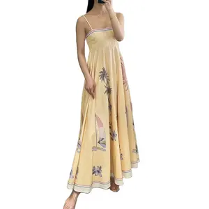 Custom OEM Vintage Print Cotton Linen Casual Dress Women Ramie Smocked Beach Dress for Women
