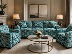 Tela de tapicería estampada con ondas de pinceladas abstractas en verde azulado y dorado, por yarda, textil artístico moderno para muebles, sofá y silla - Product Image 2