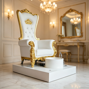 Fauteuil de pédicure sculpté Royal Gold, fauteuil de massage des pieds à dossier haut, en cuir PU blanc, station de pédicure avec bassin pour les pieds - Product Image 5