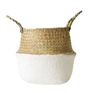 Natural Seagrass <b>Belly</b> <b>Basket</b> Handwoven Planter Storage Bin with Handles Foldable - Product Image 1