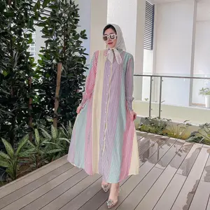 Baju Wanita desain Modern musim gugur baju panjang bergaris baju Muslim kerah panjang Islam baju Turki Wanita grosir Lebaran