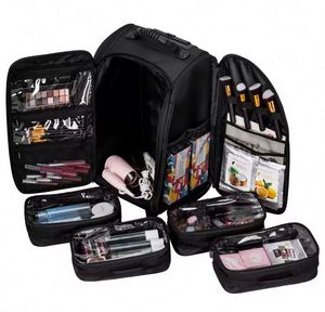 Free Sample Portable <b>Travel</b> Trolley Cosmetic Case <b>Organiser</b> Makeup Artist Train Case with Brush Holder Clear-Cover Pouches - Product Image 6