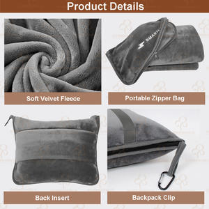 بطانية وسادة محمولة للطيران بشعار مطرز قابل للتخصيص 2 في 1، بطانية قابلة للطي للسفر بالسيارة والطائرة مع سحاب وحقيبة - Product Image 3