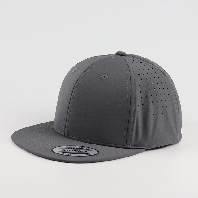 6 Panel Performance Jersey Custom Logo Flat Brim Snapback Hat with Perforated Laser Holes and Customized Embroidery
