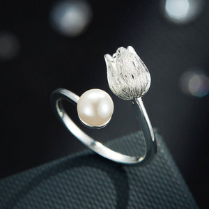 Pearl Tulip Shaped <b>Open</b> <b>Ring</b> AAA Grade Bezel Setting Adjustable Index Finger Band Everyday Wear - Product Image 4