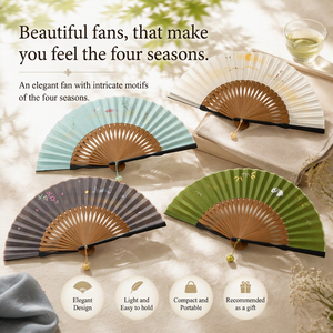 Abanico de Mano Plegable de Bambú, Abanico de Seda con Estampado de Temporada, Abanico Decorativo para Ceremonia del Té, Regalo - Product Image 1