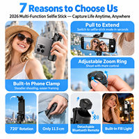 Mini trépied pliable pour selfie stick avec contrôle du zoom, rotation à 720°, télécommande détachable pour les voyages et le vlogging