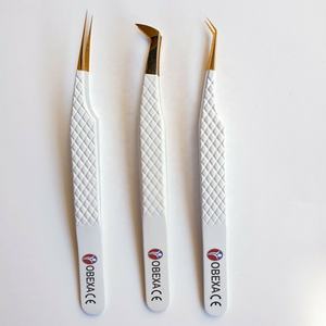 Juego de pinzas de extensión de pestañas con etiqueta privada personalizables de volumen clásico, 3 puntas de fibra puntiagudas de Color blanco de acero inoxidable, Belleza - Product Image 1
