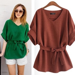 Blus Wanita Musim Panas Linen Ukuran Besar Kerah V Pita Besar Model Batwing Ikat Longgar - Product Image 3