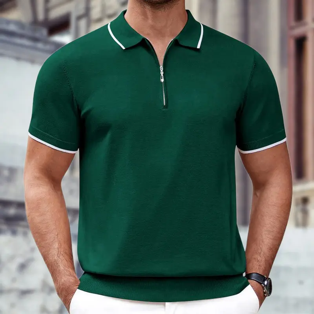 Performance Line Men's Breathable Polyester Quarter Zip Contrast Trim Short Sleeve Knitted Polo Shirt for Golf Resorts