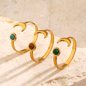 Fashion Popular Natural <strong>Stone</strong> Turquoise Malachite Tiger's Eye Inlaid Stainless Steel <strong>Moon</strong> Adjustable <strong>Ring</strong> - Product Image 3