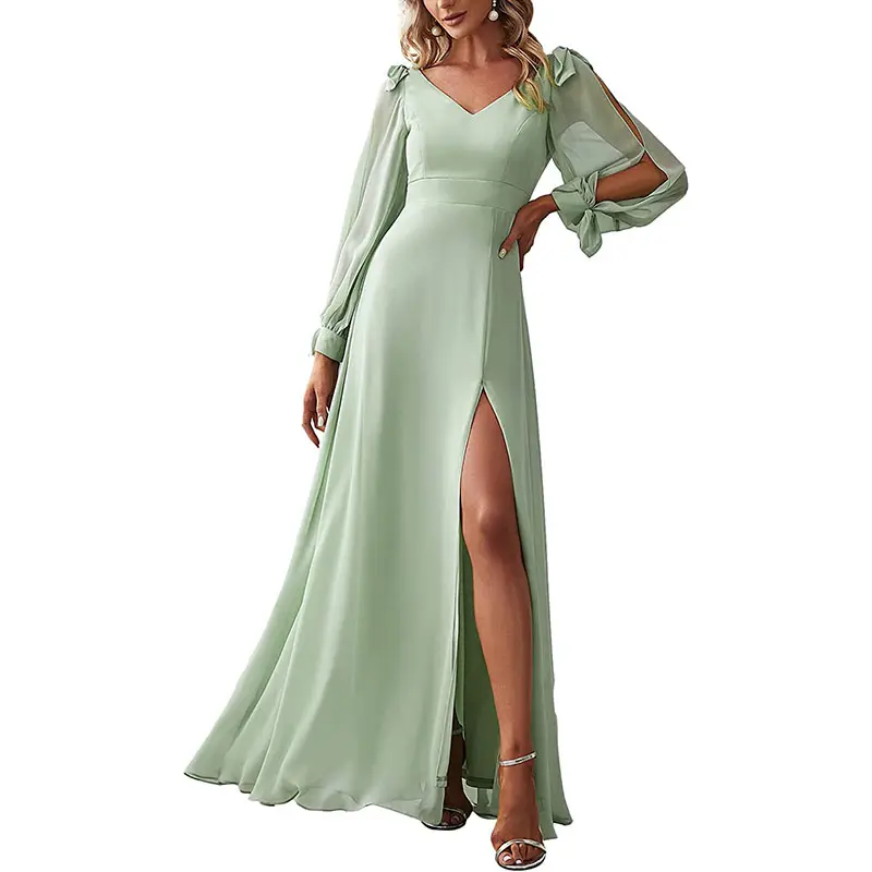 Hochwertiges Damen-Brautjungfer kleid mit V-Ausschnitt und langen Ärmeln in Übergröße Chiffon-Abendkleid