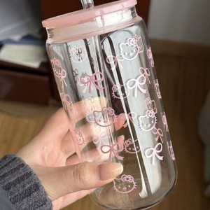 Copo de Vidro Borossilicato de 16oz com Design de Laço e Canudo, Copo de Cola Resistente ao Calor para Bebidas Frias - Product Image 6