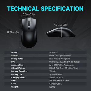 Souris Tri-mode 2.4G/filaire/BT PAW3395 26000DPI 650IPS Nordic52820 1000hz pour Gamer Valorant/<span class=keywords><strong>LOL</strong></span>/FPS - Product Image 6