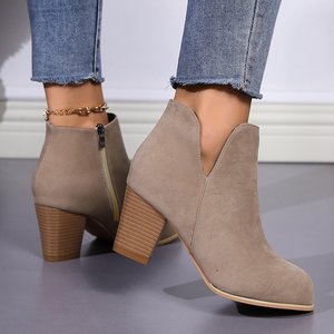 Bottines à <span class=keywords><strong>talon</strong></span> haut rond Xuanhui Fashion pour femmes, bottes d'hiver tendance en daim à fermeture éclair latérale en V pour femmes - Product Image 4