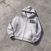 Nouveau produit : Sweat à capuche zippé automne, délavé effet Monkey Wash, dégradé avec peinture éclaboussée, bords bruts usés, double fermeture éclair