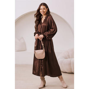 Abito midi da donna a maniche lunghe con polsini arricciati, scollo a V e cintura in vita, traspirante - Product Image 1