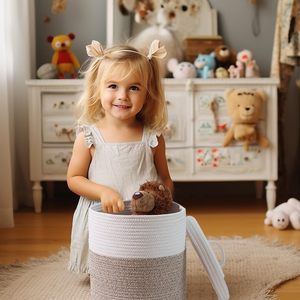 KUYUE cotone medio corda tessuto cesto di stoccaggio con coperchio <span class=keywords><strong>piccolo</strong></span> cesto della biancheria rotonda per la scuola materna e soggiorno uso - Product Image 4