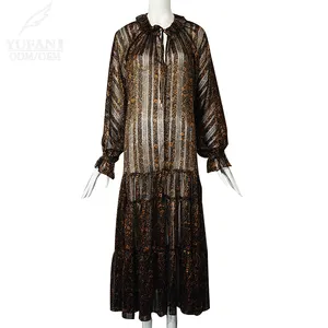 यूफैन कस्टम उच्च गुणवत्ता चौकोर गर्दन झालरदार शिर्रेड फ्लोरल मैक्सी लंबी पोशाक ग्रीष्मकालीन आरामदायक महिला सुरुचिपूर्ण पोशाक