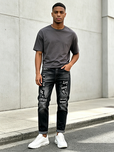 Jeans <span class=keywords><strong>Neri</strong></span> da <span class=keywords><strong>Uomo</strong></span> Effetto Lavato e Strappato, <span class=keywords><strong>Pantaloni</strong></span> in Denim con Patch Lettering Stile Streetwear, <span class=keywords><strong>Pantaloni</strong></span> Casual Hip Hop <span class=keywords><strong>Elasticizzati</strong></span> per Uso Quotidiano - Product Image 1