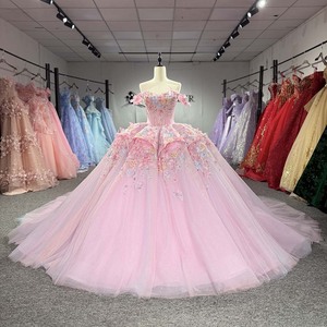 8559 Candy Color Petal Pink Sheer <b>Tulle</b> Princess Gown off Shoulder Sweetheart 3D Flower Bodice Sparkle Skirt for Party - Product Image 1