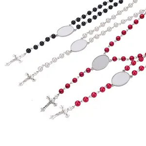 2022 New Trendy Sublimation Blank Rosary Necklace Cross Pendant Necklace With Oval Insert Diy Photos