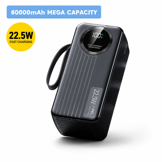 New 60000mAh Large-Capacity PD 20W Power Bank with 4 Built-in Cables, LED Display, and Lanyard for Super-Fast Charging