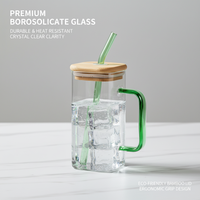 Bouteille carrée vide en verre borosilicate transparent de 13 oz avec poignée et paille, pour boissons (cola, jus, lait, thé, eau), avec couvercle en bambou