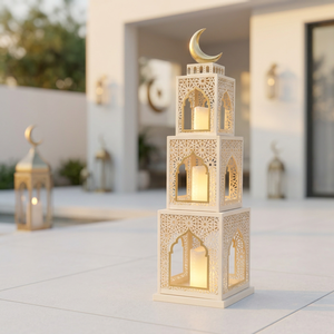 Lanternes beiges Ramadan 2027 à 3 niveaux avec motif croissant de lune pour la maison et les événements - Product Image 1