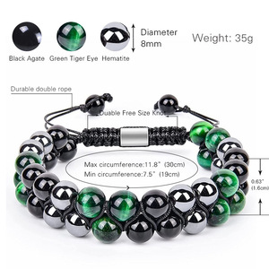 Bracelet en pierre d'oeil de tigre de 8mm pour hommes bijoux tissés à <span class=keywords><strong>la</strong></span> main Double couche réglable anxiété guérison pierre précieuse hématite Bracelet perlé - Product Image 2