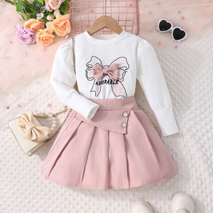 Conjunto de Falda y Top de Manga Larga para Bebés Niñas, Otoño, Casual, Transpirable, Sostenible, Tejido de Lana, Alta Calidad, Venta al Por Mayor - Product Image 1