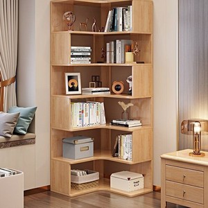 Wan Yusen <b>Solid</b> <b>Wood</b> Corner Bookshelf Floor Standing With Back Panel Space Saving Home Living Room Storage Rack - Product Image 2