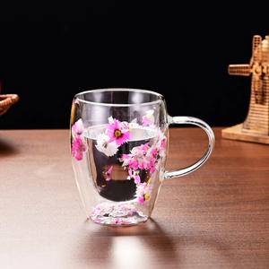 Tasse à fleurs séchées en verre double couche, populaire, avec sable mouvant, créative, pour le petit-déjeuner, avec poignée - Product Image 5