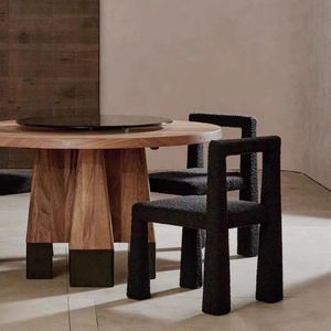 Silla de comedor tapizada en lana de cordero, respaldo en T negro, respaldo en H, diseño moderno minimalista para el interior del hogar - Product Image 2