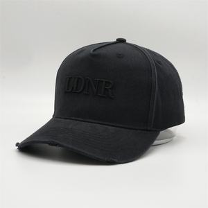 Custom Hight Quality 5 Panel Black Cotton Twill Worn Out <strong>Distressed</strong> Baseball <strong>Caps</strong> Dad Hat With Long Strap - Product Image 1