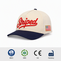 Gorra de Béisbol Personalizada con Bordado 3D en Relieve, Color Crema y Azul Marino, Visera Curva, Logotipo con Letras y Parche de la Bandera de EE. UU., Venta al Por Mayor