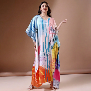 High Quality Designer Turkish Style <b>Kaftan</b> Women Polyester Handmade Batwing Short V Neck Regular Fit Flared Hem Midi Eid Ramadan - Product Image 1
