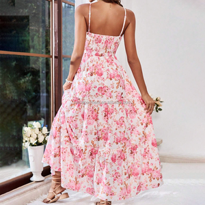 Nouvelle mode robes décontractées à fleurs col en V longue robe d'été vacances sexy robe de plage à fleurs pour femmes - Product Image 5