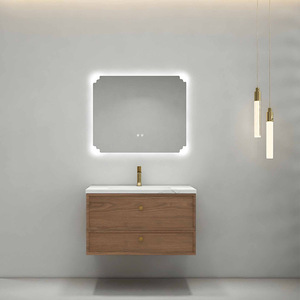 Meuble de salle de bain rétro en bois massif avec comptoir en dalle de roche, vasque intégrée, miroir intelligent anti-buée - Product Image 4