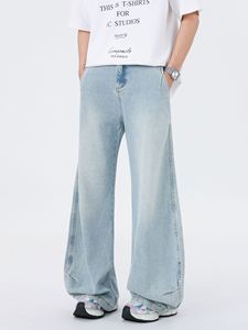 2025 verano americano hombres mujeres Casual sólido cimitarra azul claro lavado Jeans Pinch deconstruido pantalones de pierna ancha pantalones vaqueros sueltos - Product Image 3