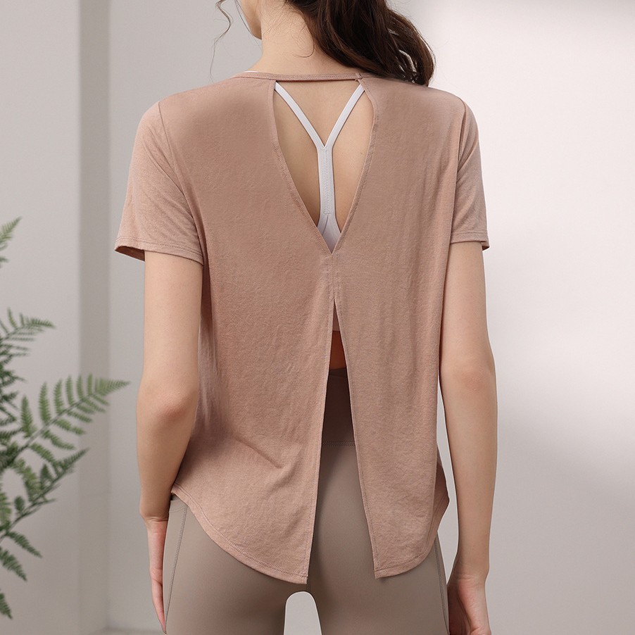Viscose/Polyester Short Sleeve Yoga Wear Sports Top Women's Breathable Loose Fit Back Blouse Running Aerobics Pilates Fitness