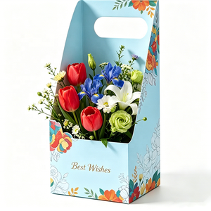 Caja de Papel para Flores con Asa y Estampado Floral de Color <span class=keywords><strong>Azul</strong></span> Claro Personalizada, para Ramos de Rosas y Tulipanes Frescos, Empaque para Regalos Navideños - Product Image 2