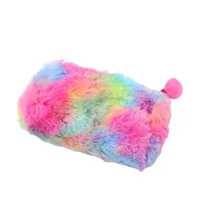 Rainbow fuzzy ball pen bag, cute stationery school supplier, custom printed pencil case for lovely students