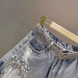 Nuevos shorts <span class=keywords><strong>de</strong></span> mezclilla para <span class=keywords><strong>mujer</strong></span>, estilo europeo, <span class=keywords><strong>de</strong></span> cintura alta, con cuentas, lentejuelas y flecos, efecto desgastado, colección verano 2026 - Product Image 3