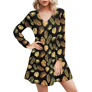 Golden Palm Leaf Pattern V Neck Short Dress Print On Demand Summer Women's Clothing With Custom Logo No Minimum Tunic Dress 2024