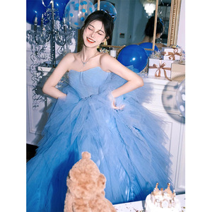 Blue Strapless Tulle Ball Gown Empire Waistline Wedding Dress Bridal Gown Birthday Dress - Product Image 1
